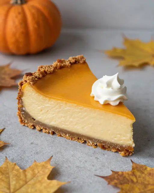Slice of pumpkin cheesecake with whipped cream arranged with autumn leaves and a small pumpkin