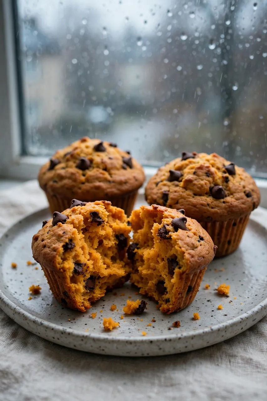 Fresh pumpkin chocolate chip muffins on a speckled plate beside a rainy window