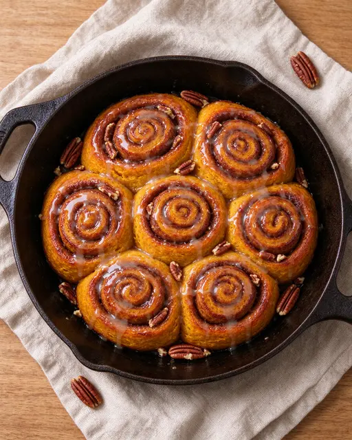 Overhead view of glazed pumpkin cinnamon rolls with pecans in a cast iron skillet on a linen towel