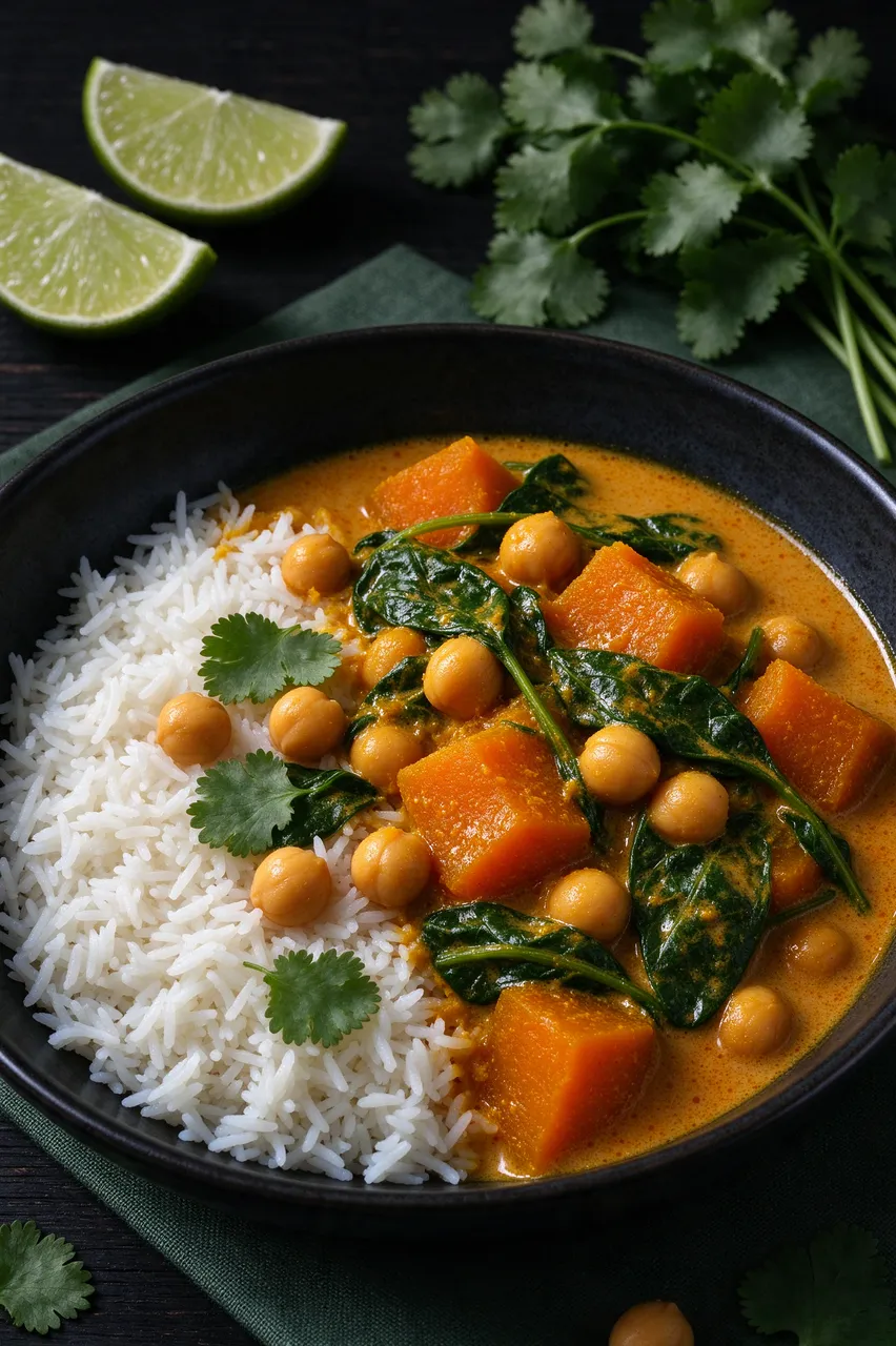 Dark bowl of pumpkin coconut curry with chickpeas, spinach and jasmine rice, garnished with lime and cilantro
