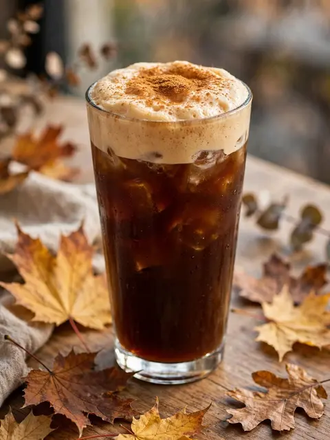 Tall glass of iced cold brew coffee topped with spiced foam sits on a wooden table scattered with fall maple leaves.