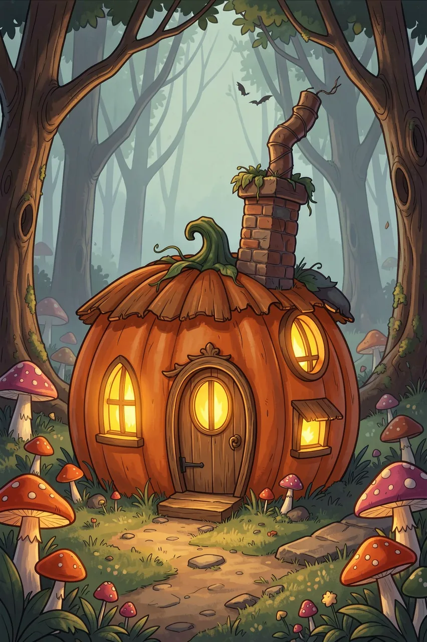 Glowing pumpkin-shaped cottage with crooked chimney sits in a misty mushroom forest at Halloween