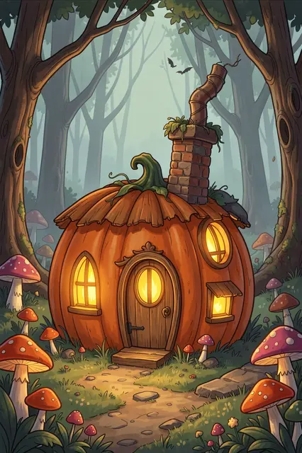 Glowing pumpkin-shaped cottage with crooked chimney sits in a misty mushroom forest at Halloween