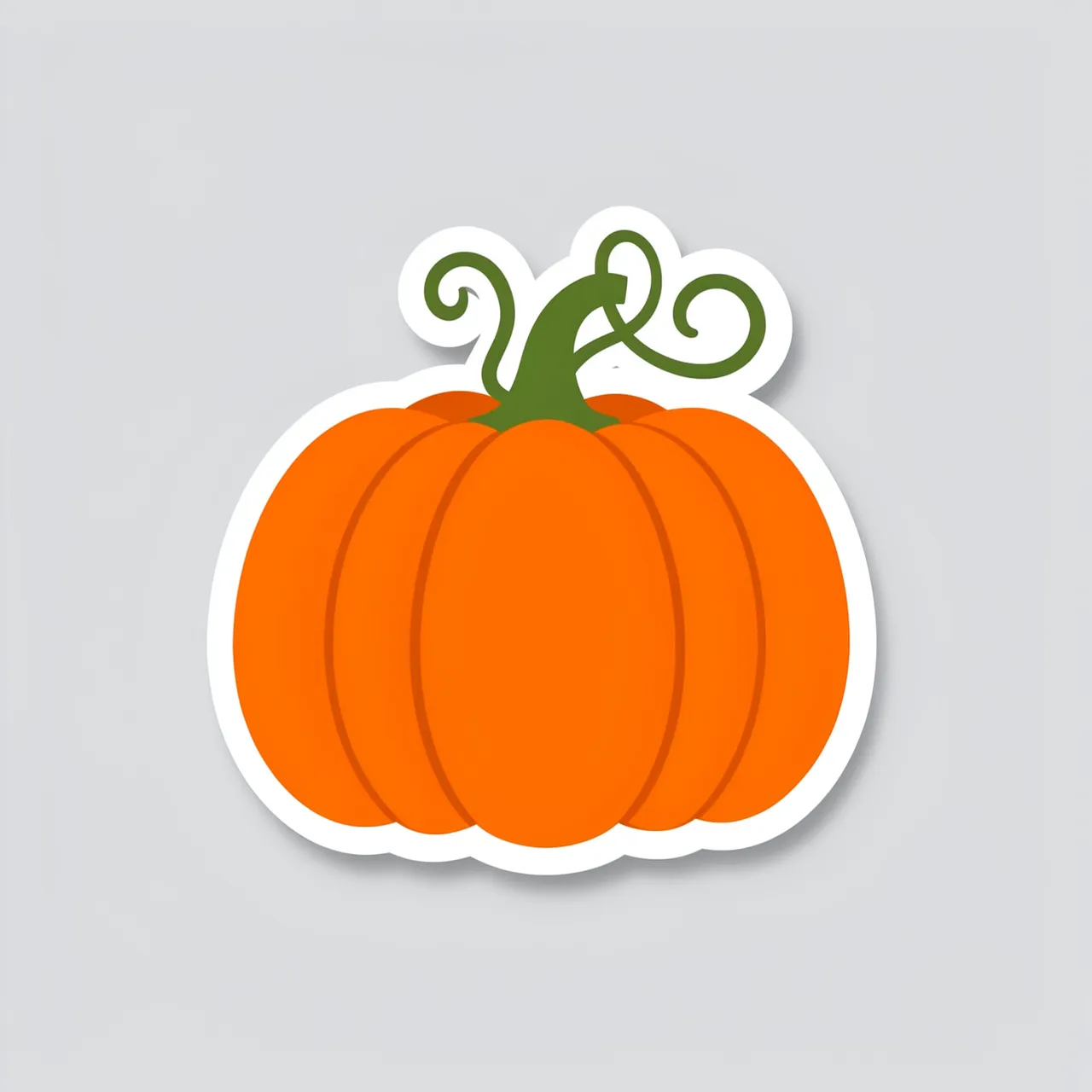Cute flat die-cut sticker of an orange pumpkin with curly vines and white border on light gray background