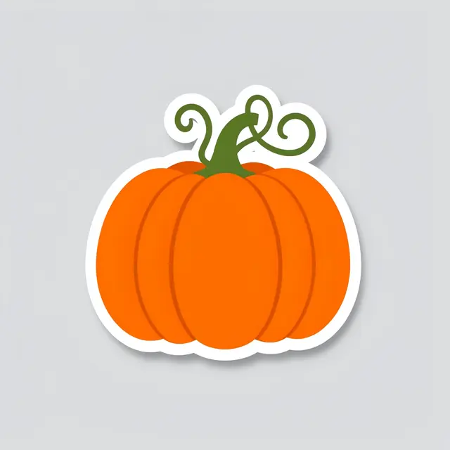 Cute flat die-cut sticker of an orange pumpkin with curly vines and white border on light gray background