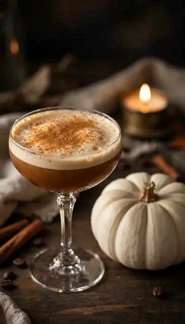 Cinnamon-dusted pumpkin espresso martini in a coupe glass next to a small white pumpkin and lit tealight candle on a dark
