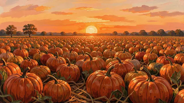 Palette knife oil painting of a dense pumpkin harvest field under a glowing low orange sunset