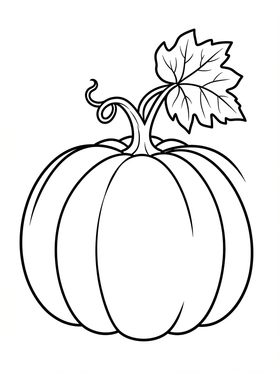 Bold black and white line art of a round pumpkin with curly vine and one leaf on a plain white background