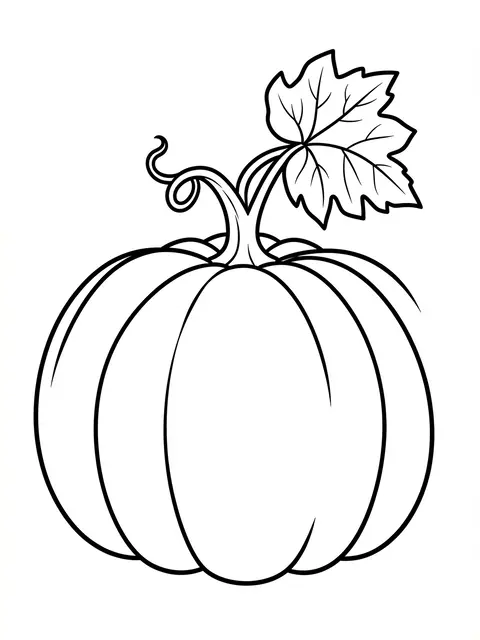 Bold black and white line art of a round pumpkin with curly vine and one leaf on a plain white background