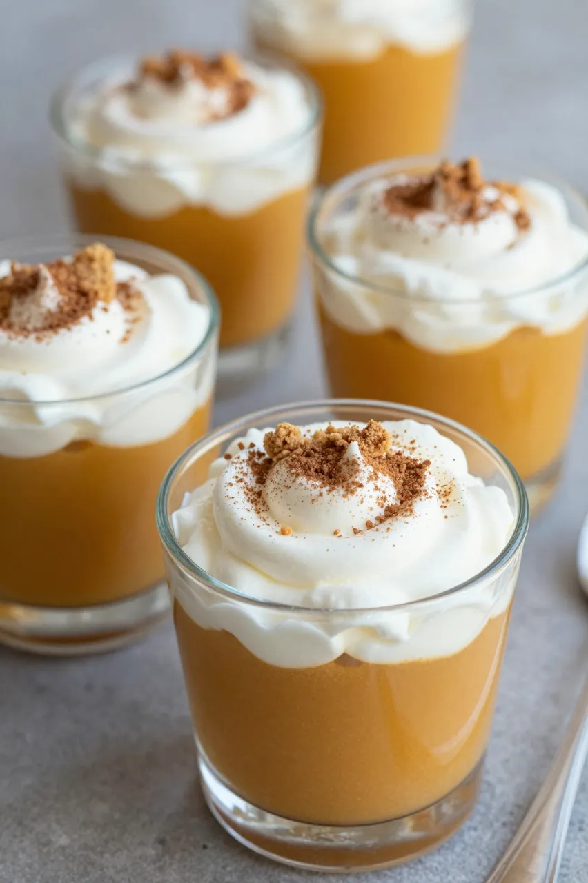 Glass cups of pumpkin mousse topped with whipped cream, crumbs and cinnamon sit on a gray tabletop