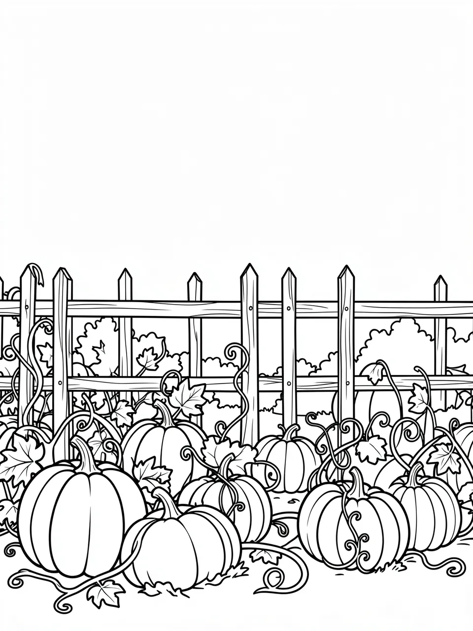 Black and white bold line art of a pumpkin patch with curly vines in front of a wooden picket fence on a white background