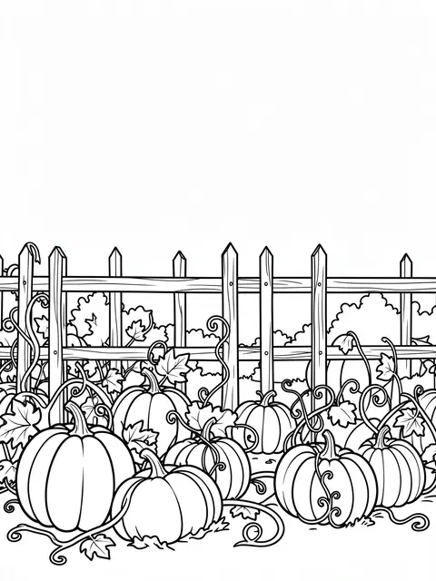 Black and white bold line art of a pumpkin patch with curly vines in front of a wooden picket fence on a white background