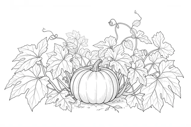 A fine line drawing of a ripe pumpkin surrounded by sprawling vines, lobed leaves and curly tendrils on a plain white