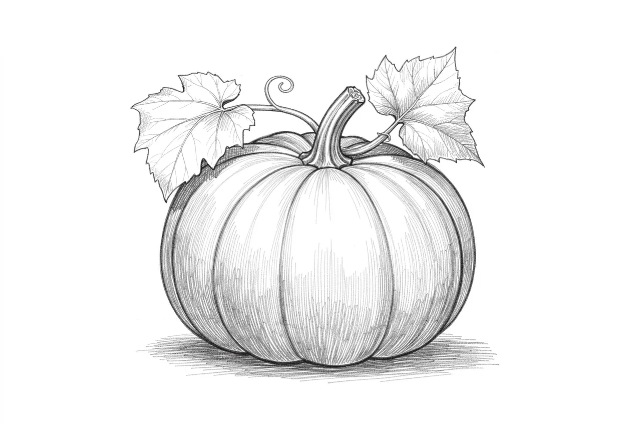 Fine graphite hatching sketch of a plump pumpkin with curling vine and leaves on white paper