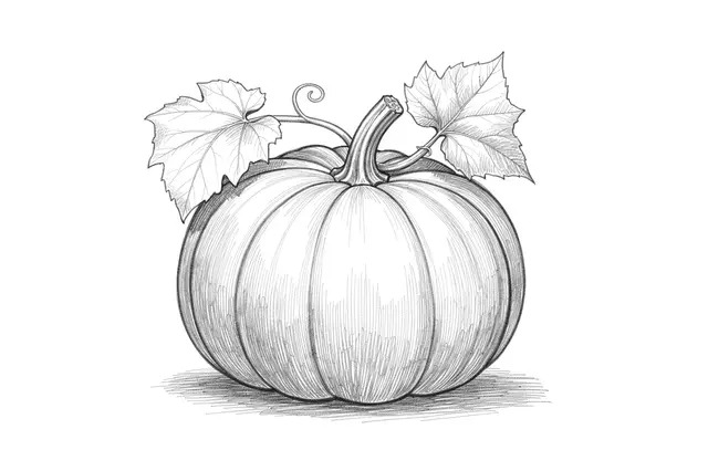 Fine graphite hatching sketch of a plump pumpkin with curling vine and leaves on white paper