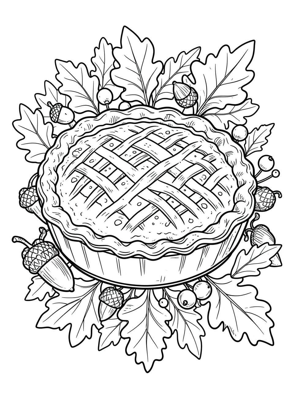 Black and white line art of a lattice-top pie framed by oak leaves, acorns and berries on a white background
