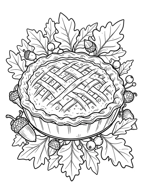 Black and white line art of a lattice-top pie framed by oak leaves, acorns and berries on a white background