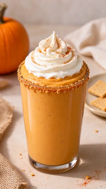 Tall glass of pumpkin pie milkshake with graham cracker rim, whipped cream and cinnamon next to a small pumpkin
