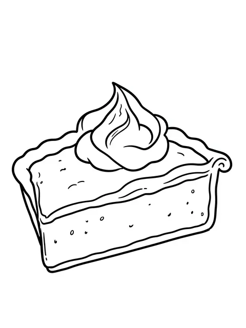 Black and white bold line art of a slice of pie topped with a swirl of whipped cream on a plain white background