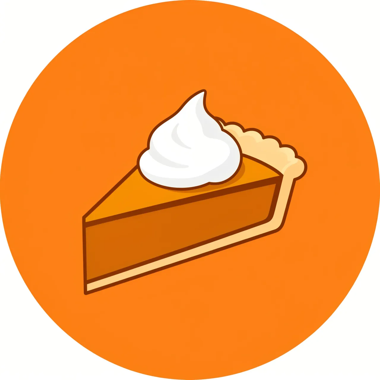 Flat vector illustration of a pumpkin pie slice with whipped cream over a solid round orange background