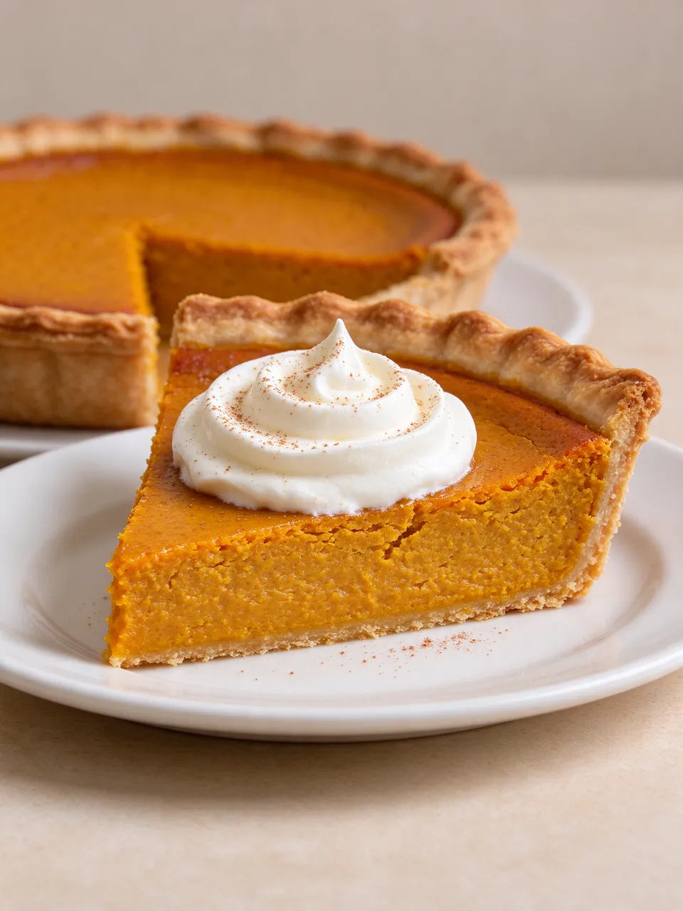 A slice of pumpkin pie topped with whipped cream and nutmeg sits on a plate, with the remaining whole pie blurred in the
