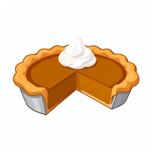Flat clipart illustration of a pumpkin pie with a missing slice and a dollop of whipped cream on a white background