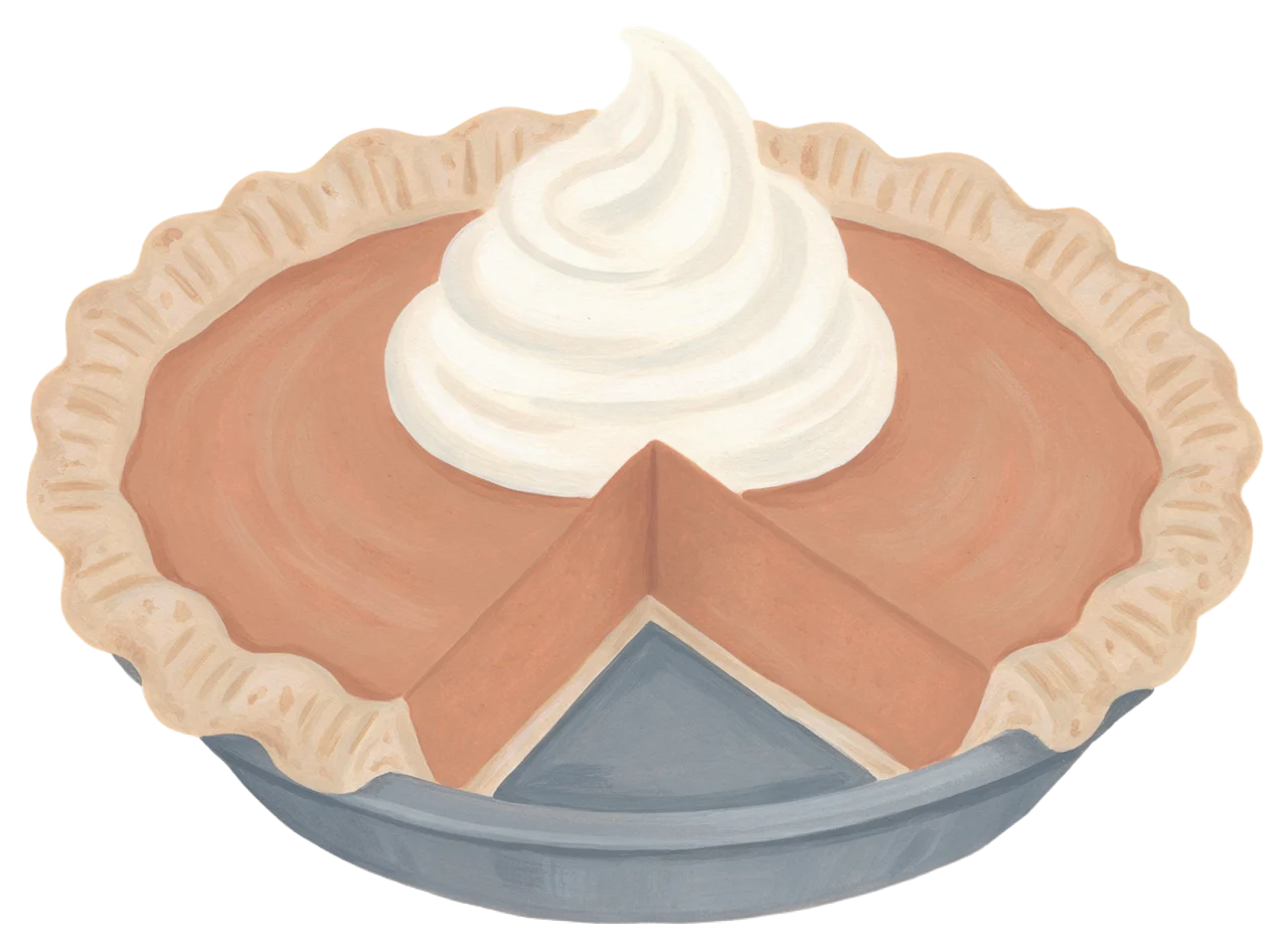Hand-painted gouache illustration of a pumpkin pie with a cut slice and whipped cream swirl on top
