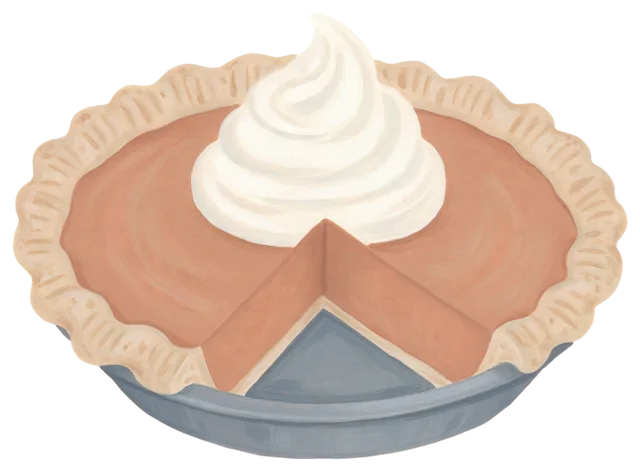 Hand-painted gouache illustration of a pumpkin pie with a cut slice and whipped cream swirl on top