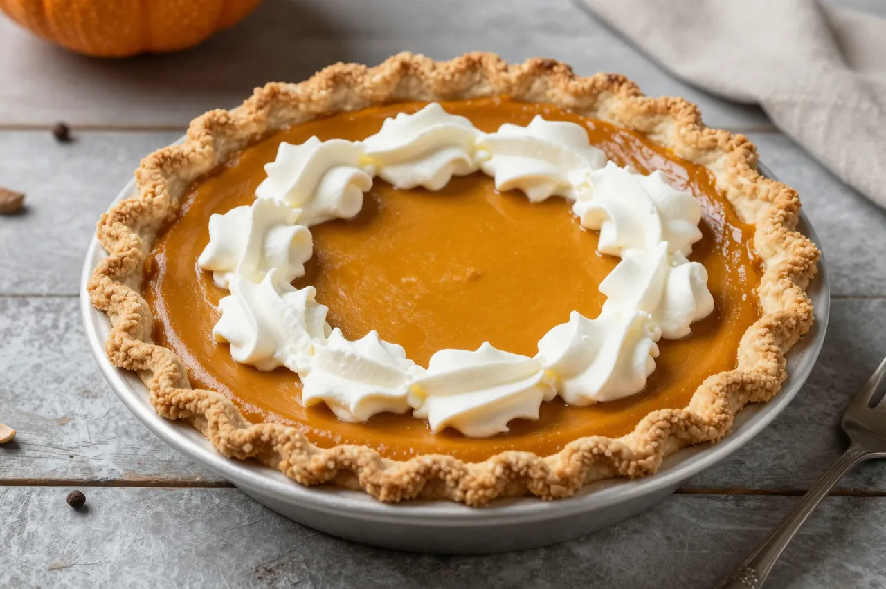 A whole pumpkin pie topped with a ring of whipped cream rests on a rustic wooden table