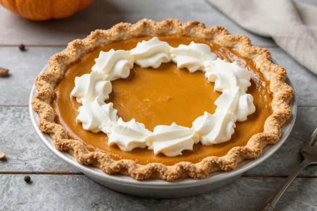 A whole pumpkin pie topped with a ring of whipped cream rests on a rustic wooden table