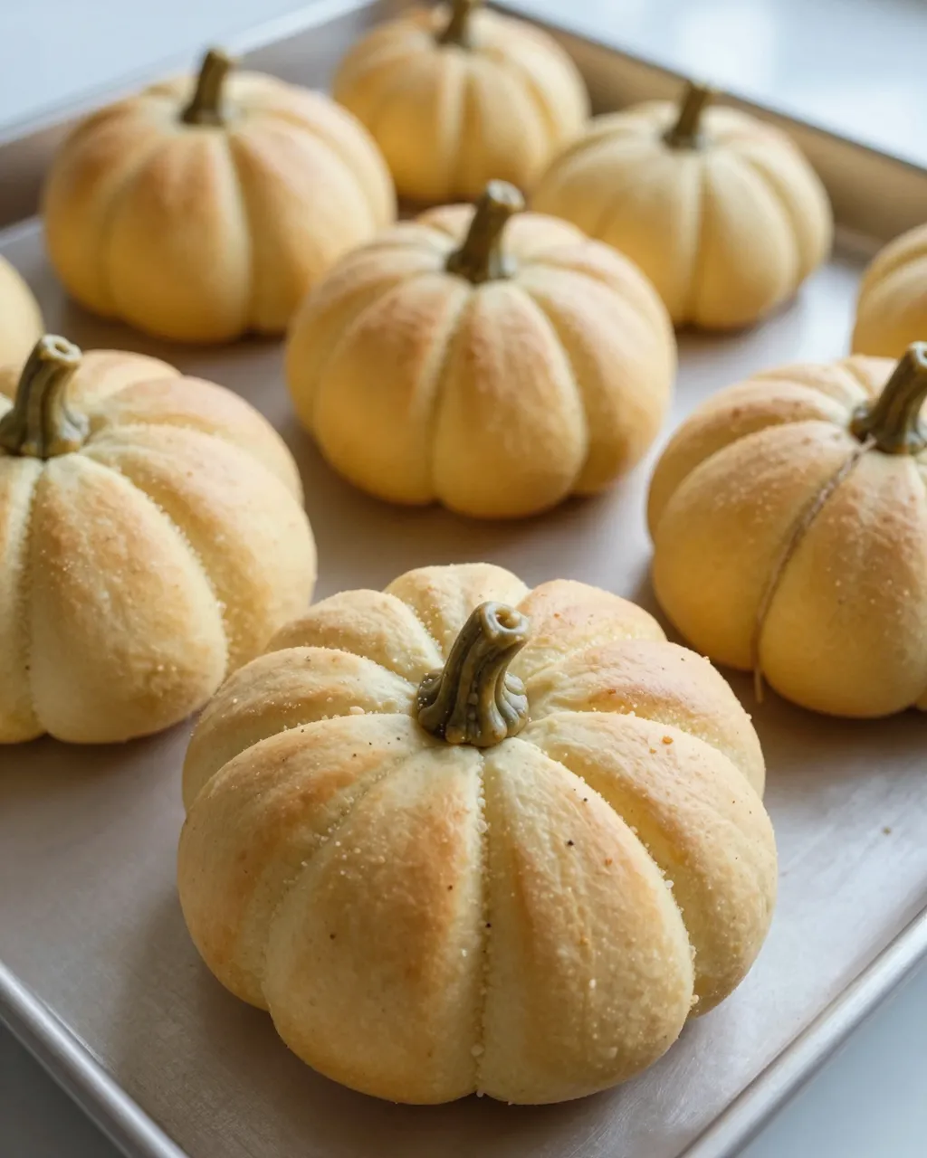 Fresh pumpkin-shaped bread rolls rest arranged on a metal baking tray for Halloween baking.
