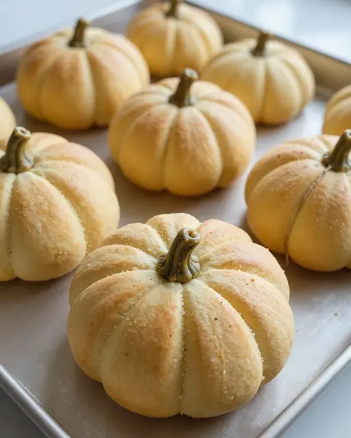 Fresh pumpkin-shaped bread rolls rest arranged on a metal baking tray for Halloween baking.