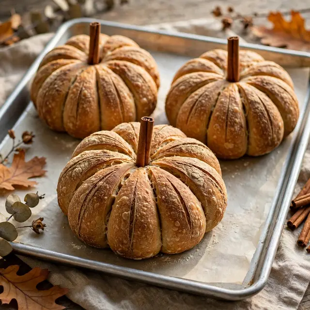 Three pumpkin-shaped sourdough loaves with cinnamon stems rest on a parchment-lined baking sheet with fall foliage accents.