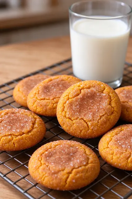 Cinnamon sugar coated pumpkin snickerdoodle cookies on a cooling rack next to a glass of milk