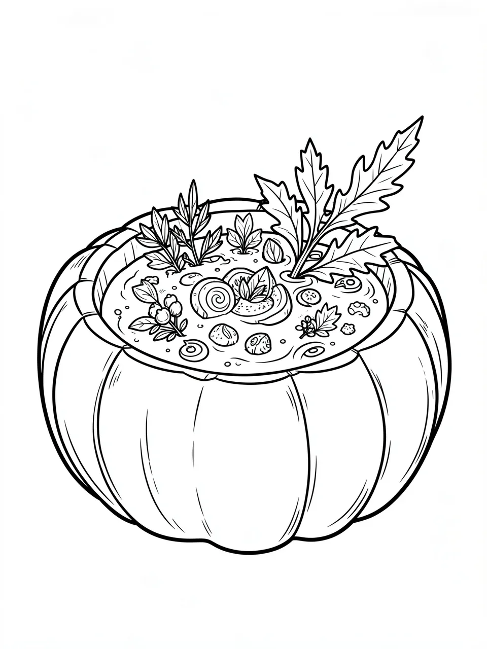 Black and white line art of pumpkin soup served in a hollowed pumpkin topped with herbs and garnishes