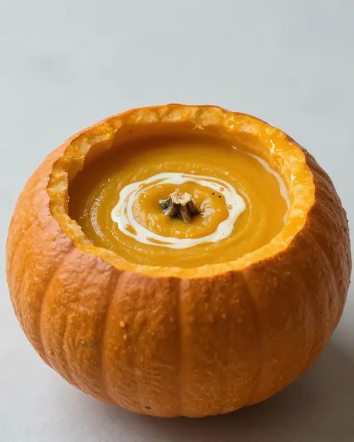 Creamy pumpkin soup topped with a cream swirl is served inside a carved hollowed out pumpkin
