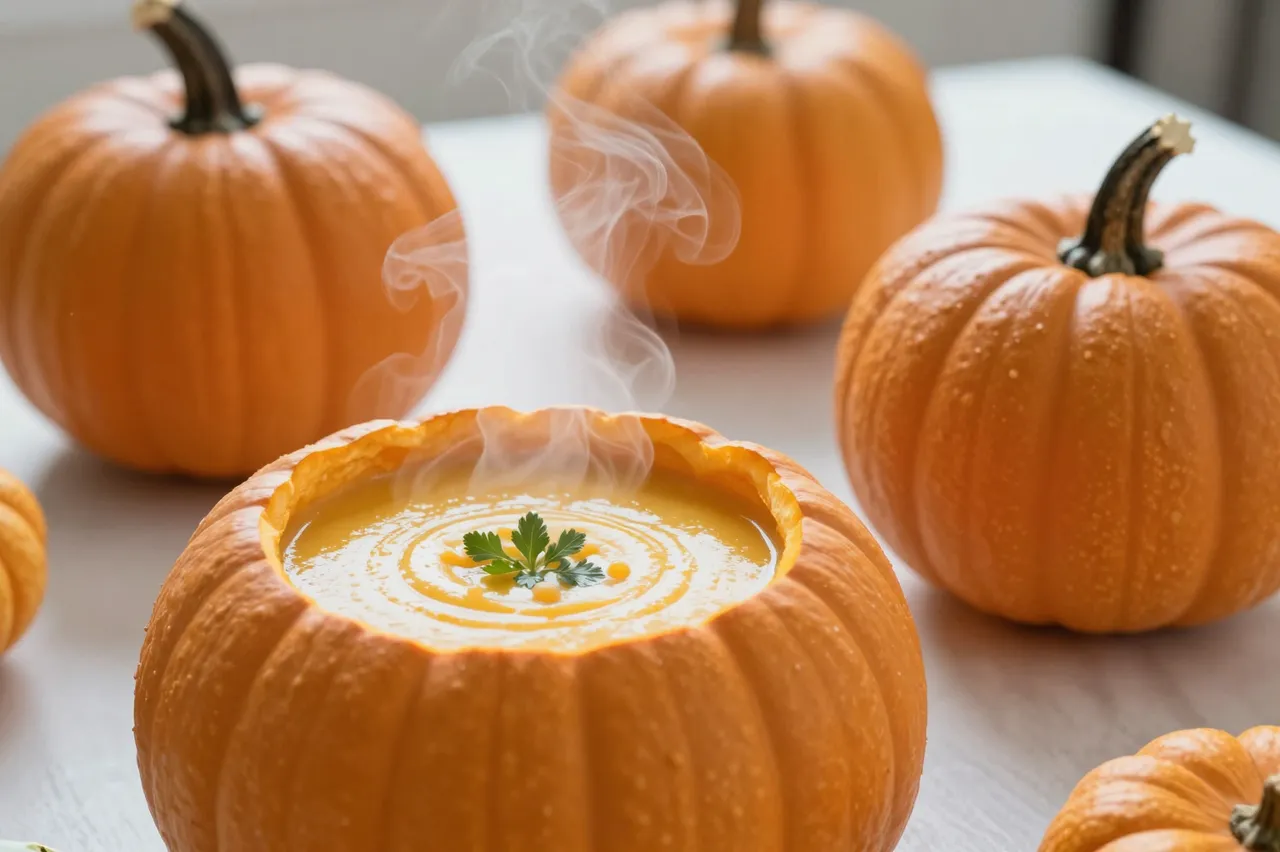 Steaming pumpkin soup garnished with parsley sits in a hollowed pumpkin, surrounded by whole mini pumpkins on a light table.