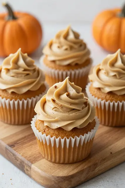 Four pumpkin spice cupcakes with brown butter frosting sit on a wooden board with small pumpkins in soft autumn light.