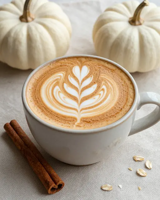 A ceramic cup of leaf art latte sits with cinnamon sticks and white pumpkins on linen