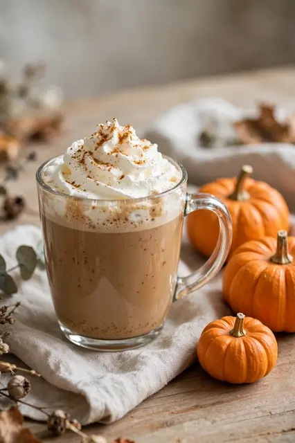 A clear glass mug of pumpkin spice latte topped with whipped cream and spice sits beside mini pumpkins on a wooden table
