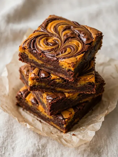 Stacked marbled pumpkin chocolate swirl brownies sit on crumpled parchment paper over linen fabric