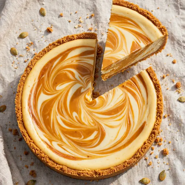Overhead view of a marbled pumpkin swirl cheesecake with one slice lifted above the remaining cake on linen.