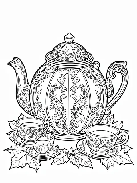 Intricate black and white line art of a pumpkin shaped teapot, teacups, and autumn maple leaves on a white background