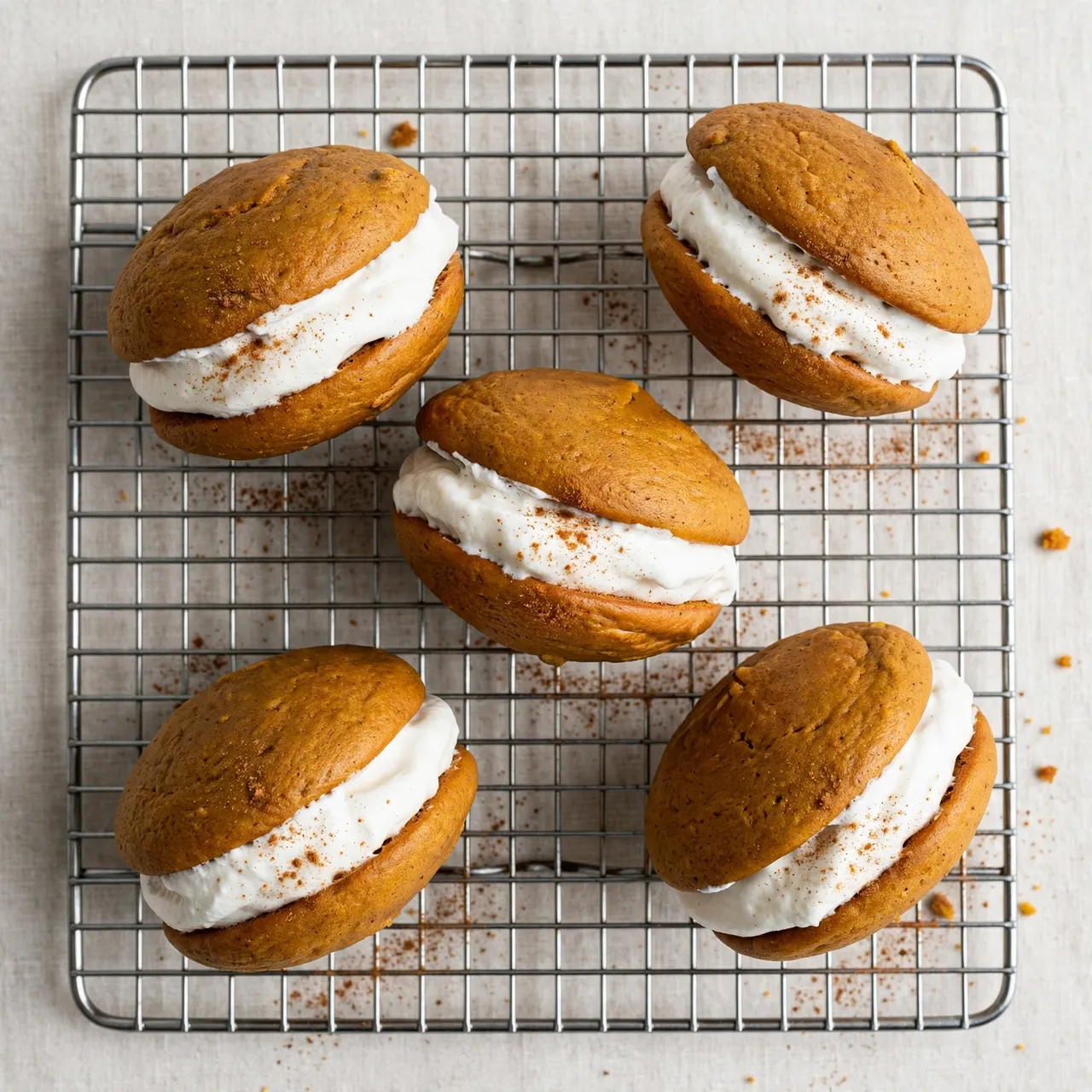 Overhead view of five pumpkin whoopie pies with marshmallow filling and cinnamon dust resting on a metal cooling rack.