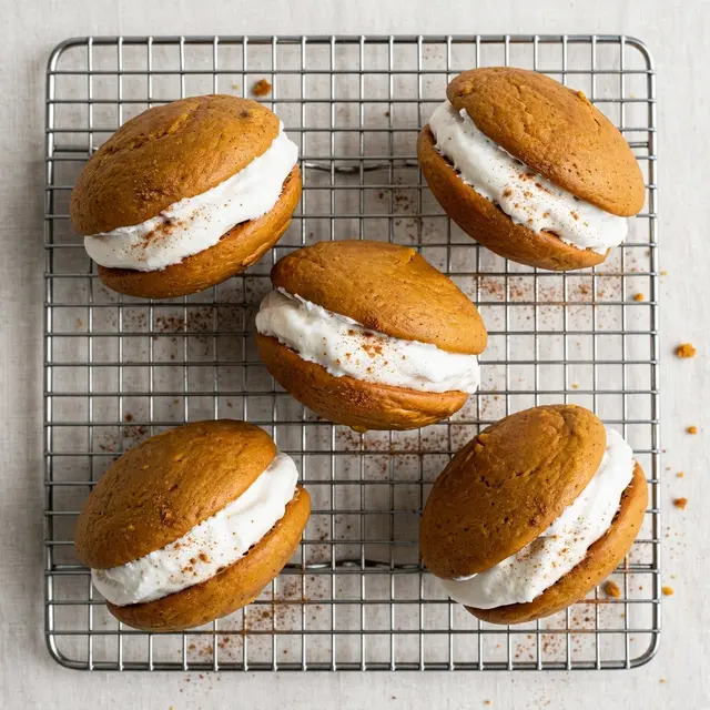 Overhead view of five pumpkin whoopie pies with marshmallow filling and cinnamon dust resting on a metal cooling rack.