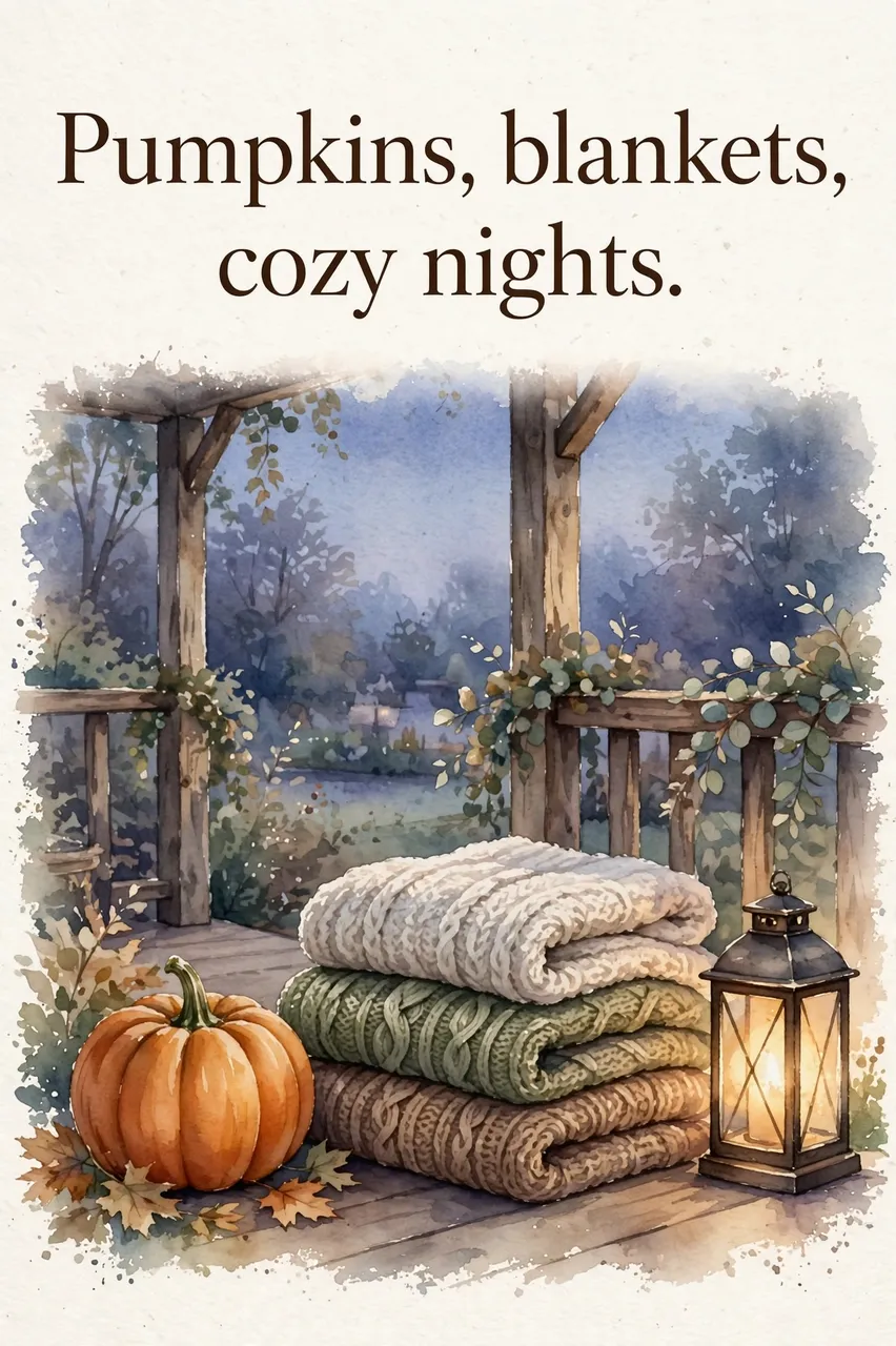 Watercolor porch dusk scene with stacked knit blankets, pumpkin, glowing lantern, and the text "Pumpkins, blankets, cozy