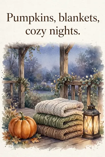 Watercolor porch dusk scene with stacked knit blankets, pumpkin, glowing lantern, and the text "Pumpkins, blankets, cozy