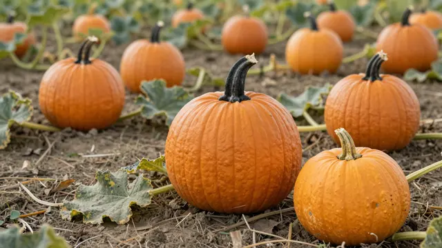 Ripe orange pumpkins sit in orderly rows on a dirt pumpkin patch at harvest time.