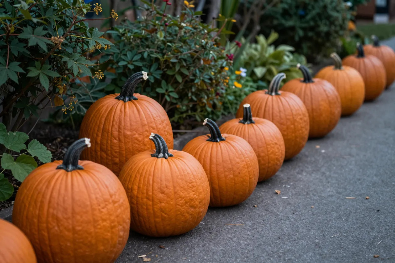 Row of whole orange pumpkins arranged along the edge of a paved garden path beside green foliage