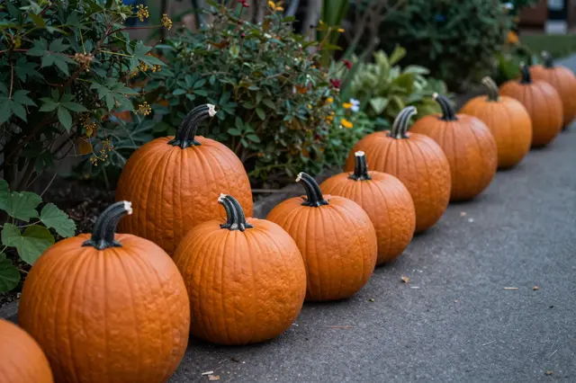 Row of whole orange pumpkins arranged along the edge of a paved garden path beside green foliage